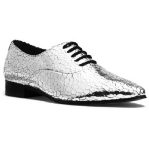 Michael Kors Collection Metallic Silver Leather Crackled Lace Up Loafers Sz 37.5 - Picture 1 of 10